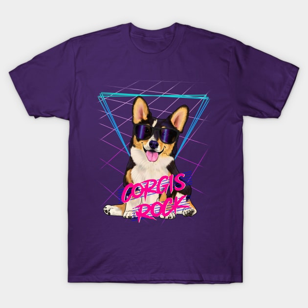 Corgis rock - Tri-color corgi with sunglasses and 80s background T-Shirt by Mehu Art